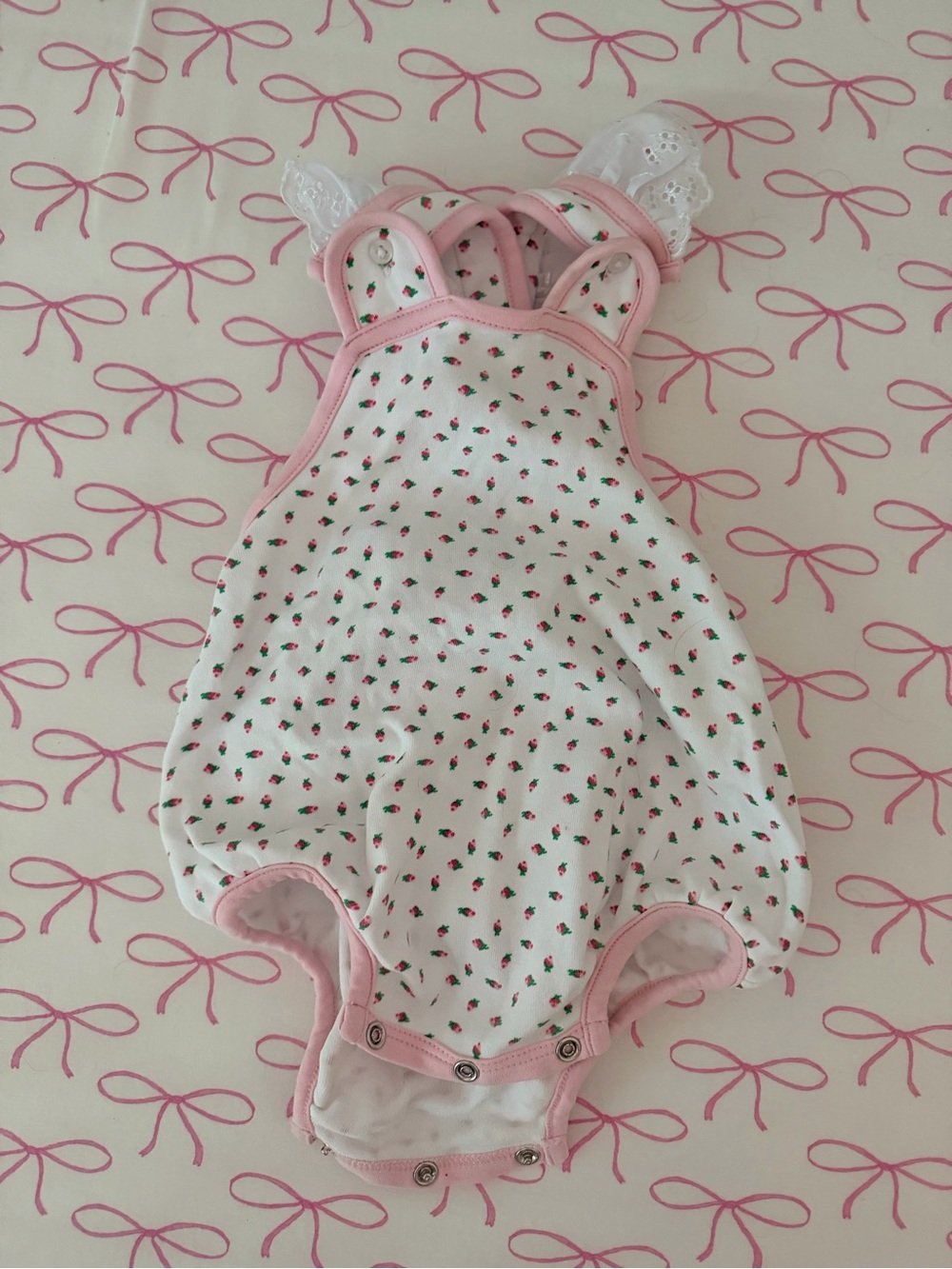 The Beaufort Bonnet Company White Romper with Pink Trim and Strawberry Print